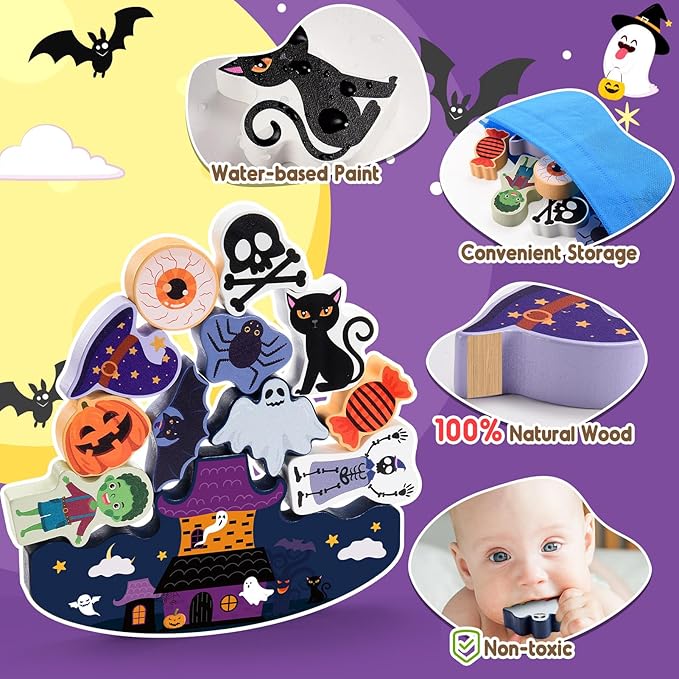 Halloween Toys for Kids 3-10 Kids Wooden Stacking Blocks Toy Birthday Gifts for 4 5 6 7 8 9 Year Old Boys Girls Toy Kid Balance Competition Games for Ages 5-7 Party Favors Boo Basket Stuffers