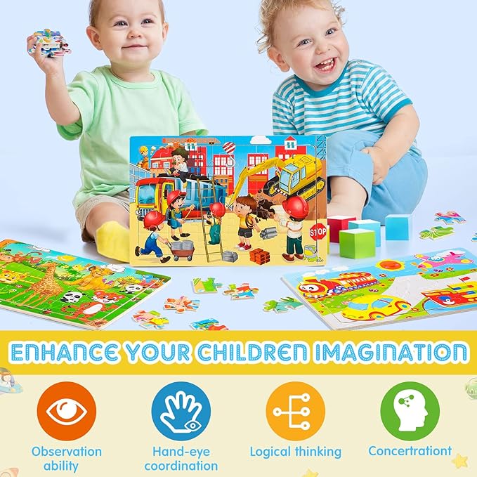 Chivao 18 Pack 30 Pieces Puzzles for Kids Ages 3-5 Wooden Toddler Puzzles Ages 4-6 Educational Learning Preschool Toys Set for Kids Boys and Girls