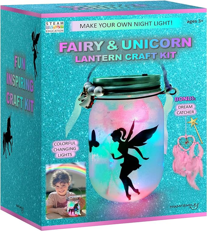 NUMI'SMILE Unicorn & Fairy Lantern Night Light Jar Craft Kit, DIY Arts and Crafts for Girls Ages 3 4 5 6 7 8-12 Years, Unicorn Toys Fairy Gift for Little Girls