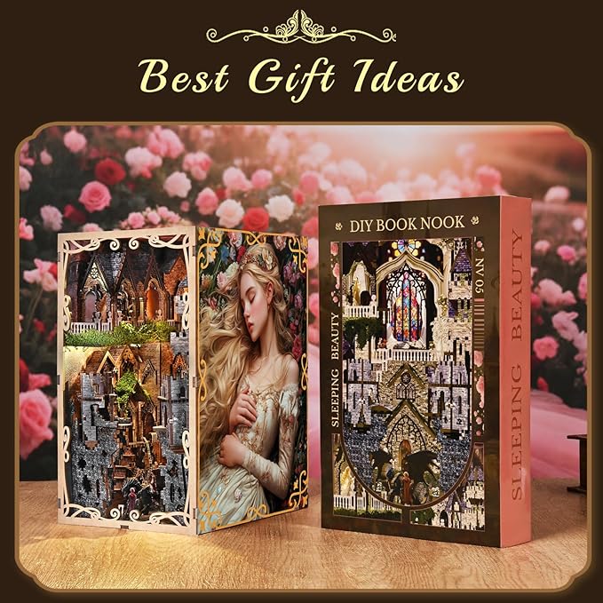DIY Book Nook Kit for Adults, 3D Wooden Puzzle Bookend Bookshelf Insert Decor with LED Light and Dust Cover (Sleeping Beauty)