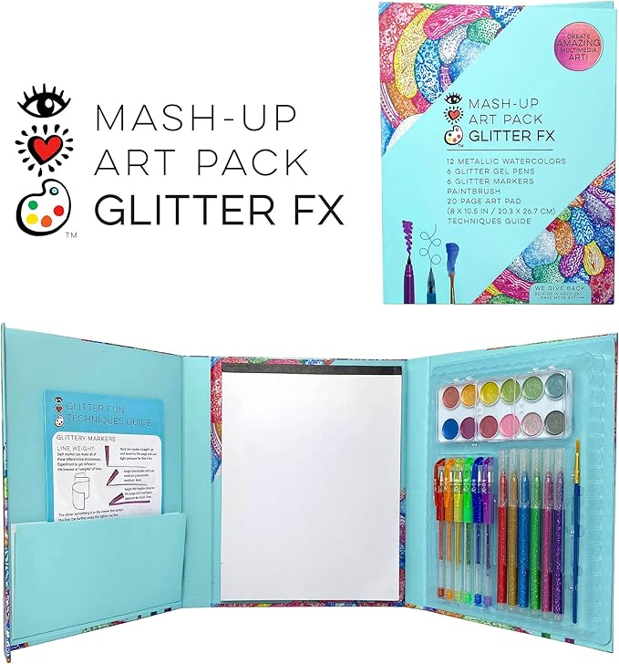Bright Stripes iHeartArt Travel Art Set for Kids Ages 8+ | Drawing & Painting Kit with Metallic Watercolors, Glitter Gel Pens, Markers, Brush & 20-Page Art Pad | Creative Gift for Young Artists