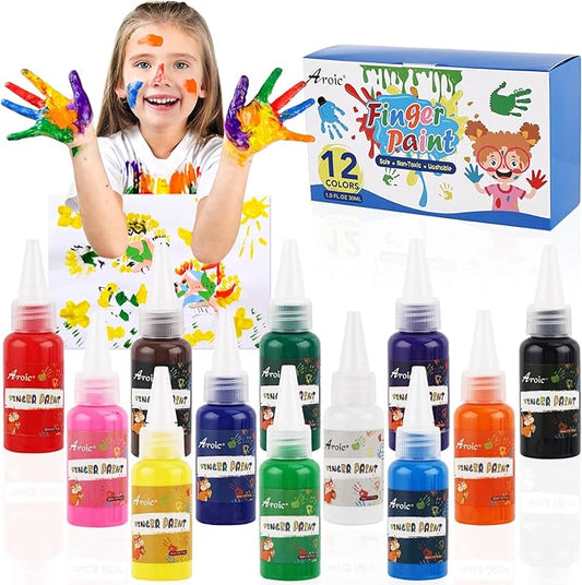 12 Color Washable Finger Paint set, Non Toxic Finger Paints Set with Gift Box for Kids Early Learning, Art Painting Supplies for Boys Girls Gifts, Hand Painting DIY Crafts