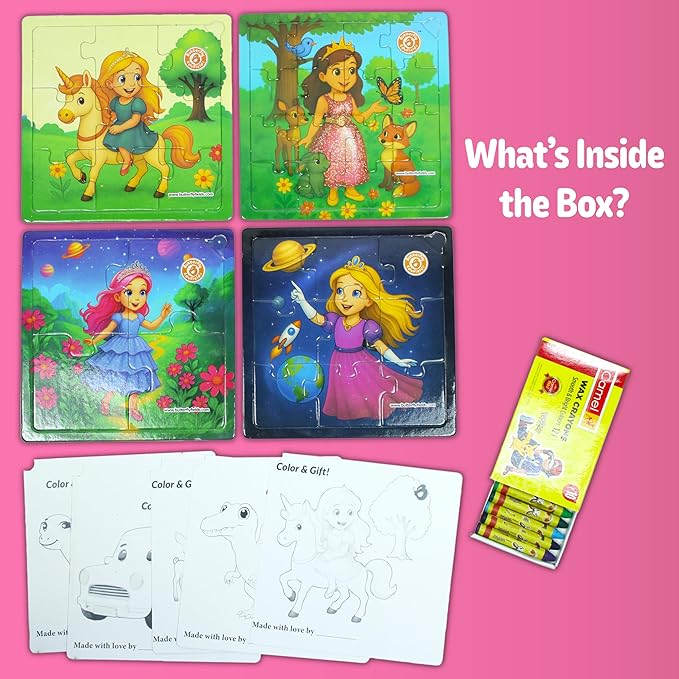 Butterfly EduFields 4-in-1 Princess ‍ & Unicorn Jigsaw Puzzles for Girls | 38 Pcs Puzzle Toy for Kids Age 3 4 5 6 7 Years | Preschool Learning with Coloring Sheets | Birthday Gift for Girls