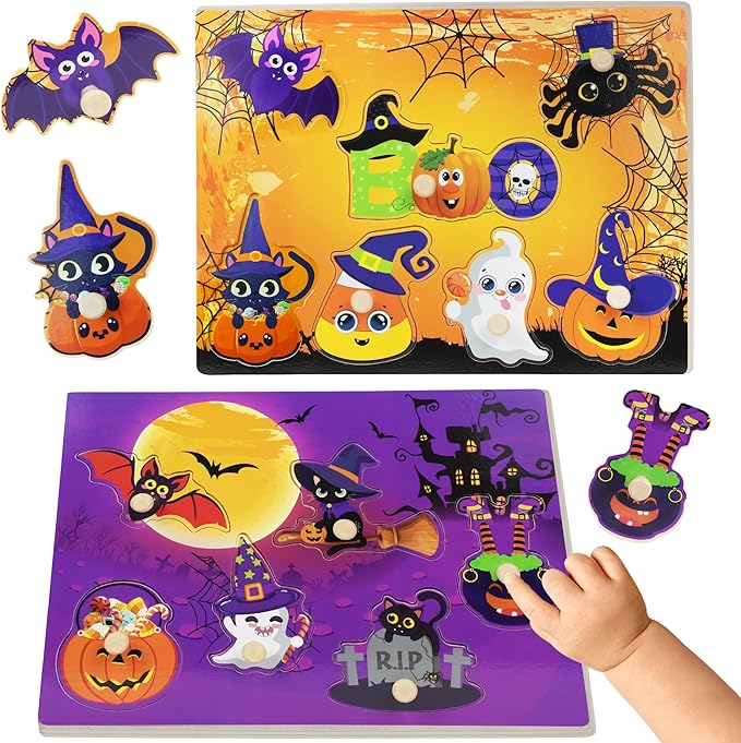 2Pcs Halloween Wooden Peg Puzzles, Halloween Toys for Toddlers Educational Puzzle Kids Hallow EEN Party Favors Basket Stuffers Fillers Favors Hallow EEN Treats Non Candy Goodies for Boys Girls