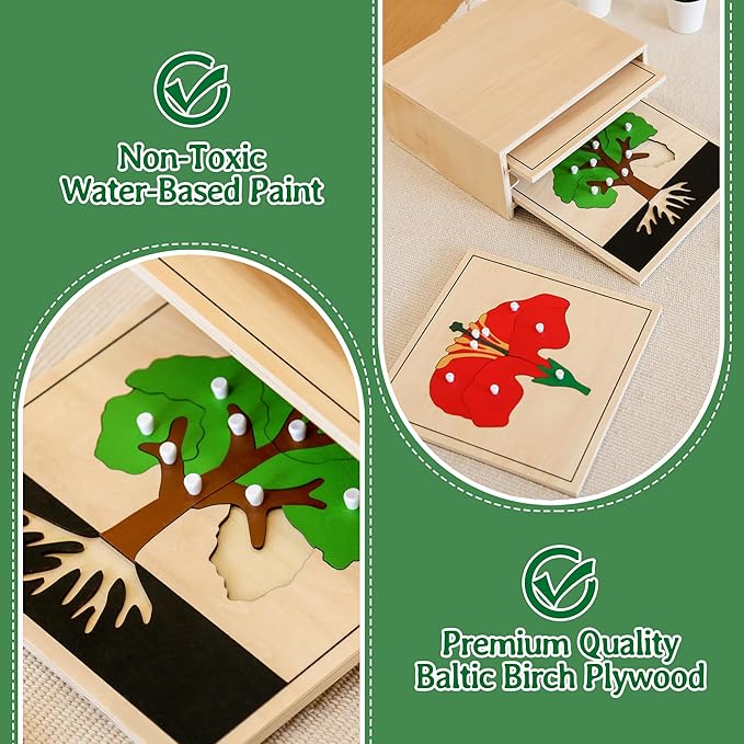 Montessori Tree Puzzle for 3+ Years Old, Wooden Peg Puzzles with Knobs & Practice Cards, Shape Sorter Puzzle Preschool Learning Resources, Fine Moter Toys for Montessori Classroom