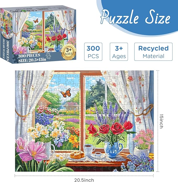 300 Pieces Puzzle for Adults, Flower and Butterfly Puzzle Recycled Cardboard, Beauty Window and Garden Jigsaw Puzzles, Challenging Game Home Decor Party Gift for Adults Kids Seniors 20.5 * 15 inch