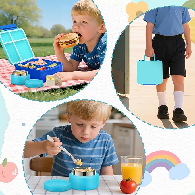 Kids Bento Lunch Box with 8oz Soup Thermo, Kids Leakproof Lunch Food Containers with 4 Compartment,Insulated Hot Food Jar with Lunch Bag for School, Travel (Blue-No lunch bag)