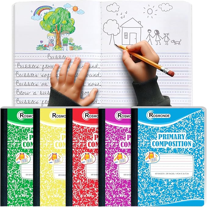 Composition Notebook 5 Pack, Grades K-2 Primary Ruled, 200 Pages (100 Sheets), Draw and Write Journal for Kids, 9-3/4" x 7-1/2", Primary Composition Notebooks, Hard Cover, Assorted Colors