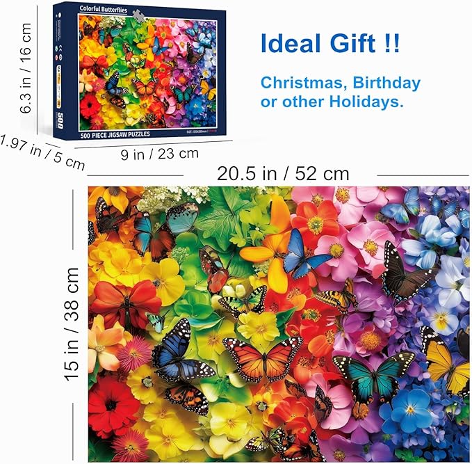 500 Piece Puzzles for Adults Colorful Butterflies 20.5 x 15 Inch 500 Piece Jigsaw Puzzles for Kids Adults Puzzles 500 Pieces for Adults Holiday Educational Challenge Toy