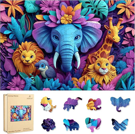 Ruikiyart Wooden Puzzles for Adults, 5MM 500 Pieces Animal World Wooden Jigsaw Puzzles, Unique Shaped Puzzle Gifts for Adults and Kids on Thanksgiving,Family Puzzle Games(16.7"*11.2")