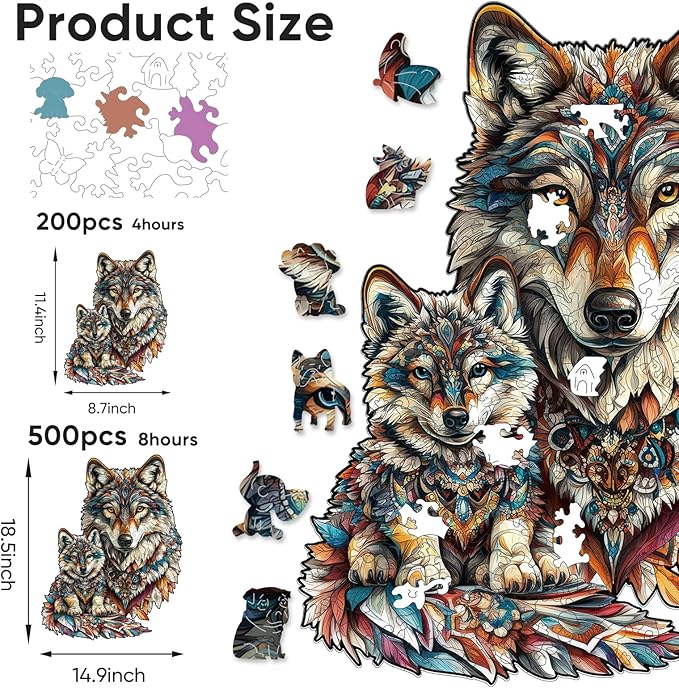Ruikiyart Wooden Puzzles for Adults, 5MM 500 Pieces Wolf Family Wooden Jigsaw Puzzles, Animal Unique Shaped Puzzle Gifts for Adults and Kids on Thanksgiving, Family Puzzle Games (14.9"*18.5")