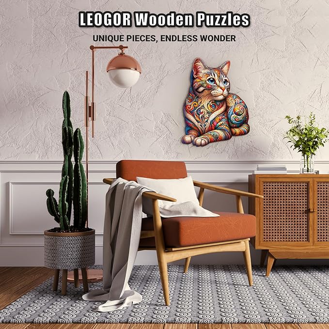 LEOGOR Wooden Jigsaw Puzzles for Adults 200 Pieces (10.7 × 13.8 in), Cat Puzzle, Extra-Thick 5mm Wood, Vibrant Mosaic Design, Relaxing Artistic Gift for Adults and Teens
