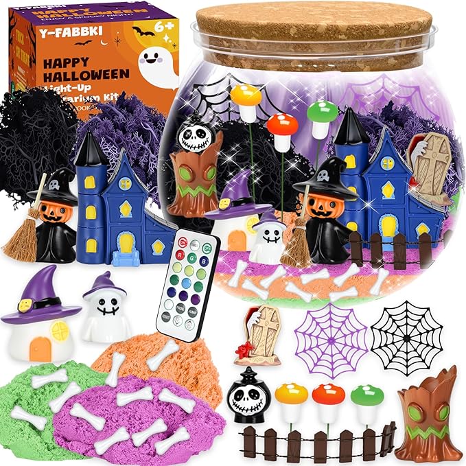 Halloween Terrarium Crafts Kit for Kids, LED Night Light-Up Toys with Remote, Halloween Party Decor DIY Craft Kit for Ages 4 5 6 7 8-12 Year Old Boys Girls – Creative Arts & Crafts Activity Gift Set