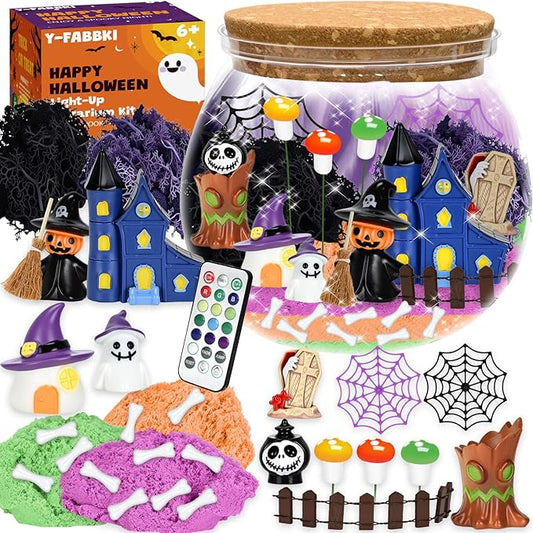Halloween Terrarium Crafts Kit for Kids, LED Night Light-Up Toys with Remote, Halloween Party Decor DIY Craft Kit for Ages 4 5 6 7 8-12 Year Old Boys Girls – Creative Arts & Crafts Activity Gift Set