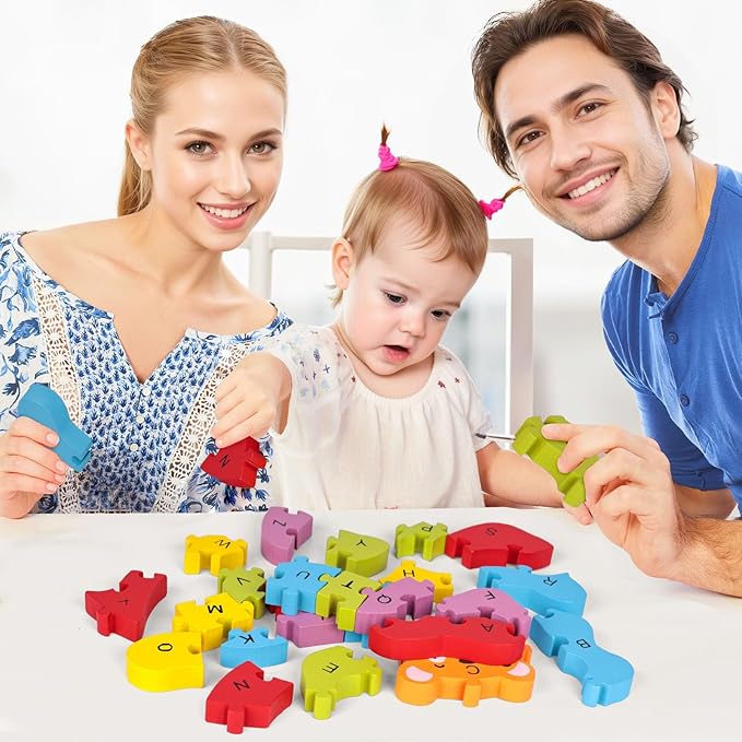 LovesTown Wooden Puzzle Learning Toys Alphabet Number Building Blocks Educational Gift for Preschool Kids Animal Lion Jigsaw 26 PCS