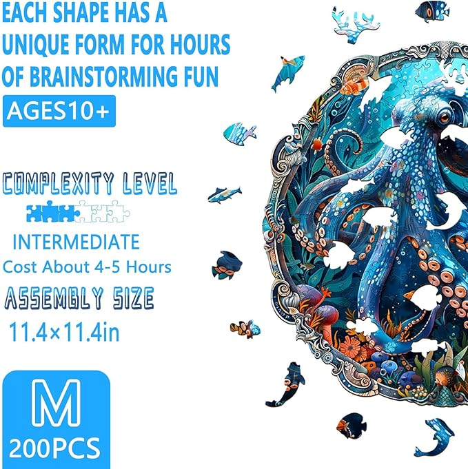 Wooden Puzzles for Adults, Mystic Tentacles Wooden Jigsaw Puzzle, Wood Puzzles Adult, Unique Shaped Octopus Puzzle for Adults, Fun Gifts & Home Decor (M-11.4 * 11.4in - 200 pcs)