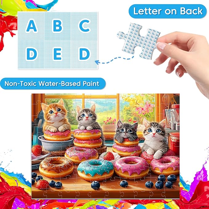 4-Pack 100 Piece Puzzles for Kids Ages 6-8 8-10 Year Old Large Piece Puzzles for Seniors 100 Pieces Jigsaw Puzzles for Kids Ages 4-6, Learning Educational Toys for Boys and Girls- Dogs Kittens Donuts