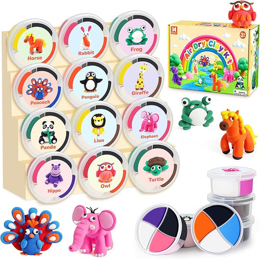 Air Dry Clay Kit for Kids, 12 Animals Modeling Clay with Tutorial Cards & Video, 8 Sculpting Tools, Ultra Light, Safe & Non-Toxic, DIY Art and Crafts Gifts for Boys Girls