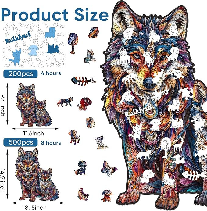 Ruikiyart Wooden Puzzles for Adults, 5MM 500 Pieces Wolf Family Wooden Jigsaw Puzzles, Animal Unique Shaped Puzzle Gifts for Adults and Kids on Thanksgiving,Family Puzzle Games (14.9"*18.5")