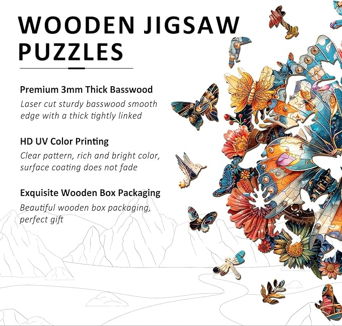 Wooden Puzzles for Adults - Mechanical Butterfly Wood Puzzles Adult - Unique Animal Shape Wooden Jigsaw Puzzles for Adults - Birthday Gifts for Puzzle Lovers, Family (8.4 * 8.4in)