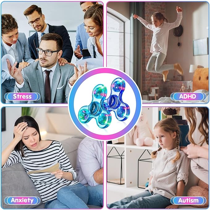 Fidget Spinner for Kids 2 PCS, Light up Sensory Fidget Toys Adults Kids 4-8-12 with Autism ADHD, Anxiety Toys Stress Relief Teen Boy Gifts, Glow in The Dark Party Favors Fidgets Classroom Prizes