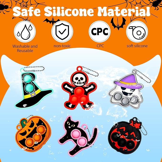 Halloween Pop Fidget Toys Bulk,24 Packs Halloween Kids Party Favors with Spooky Cards,Mini Keychain Sensory Stress Toy Set for Trick or Treat,Toddlers Teens Classroom Prizes Goodie Bag Stuffers