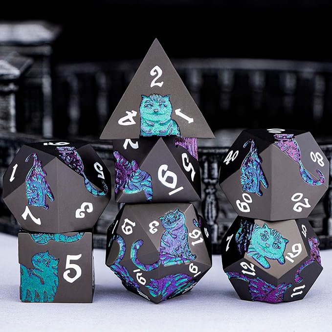 Metal DND Cat Dice 7PCS Polyhedral RPG Dice Set with Gift Case for Dungeons Dragons Role Playing Game, D and D Dice D6 D8 D10 D12 D20 D% (Purple Green)