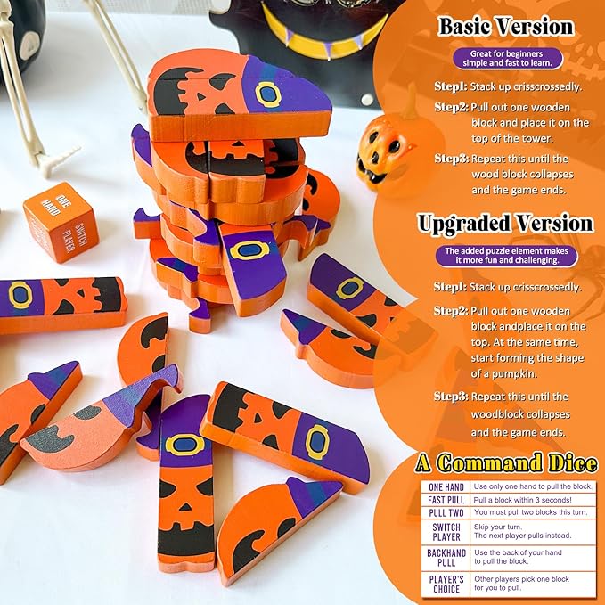 AerWo Wooden Blocks Stacking Games, Tumbling Tower and Balance Halloween Games for Kids, for Kids and Adults Ages 6+, Pumpkin Toys Wood Blocks Twister Game for Family