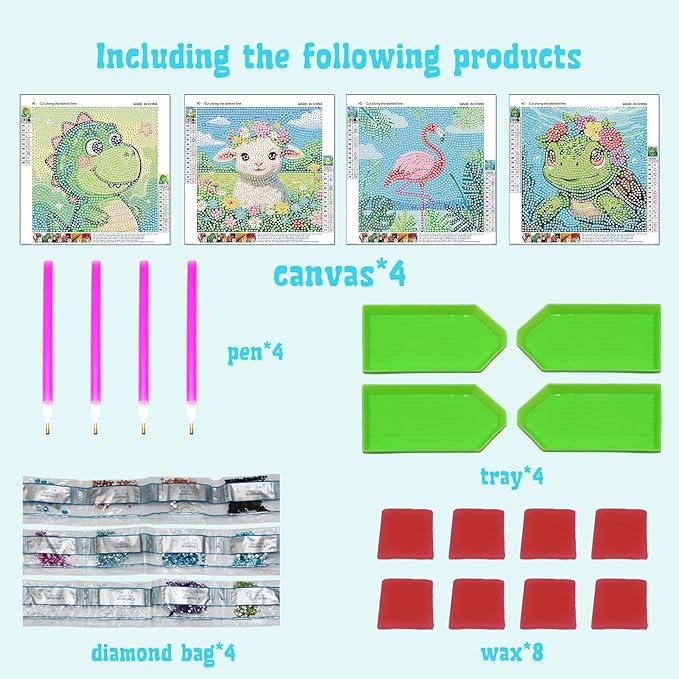 Libfx Diamond Art Kits for Kids 4 PCS Diamond Art for Girls Boys Beginners Arts and Crafts for Kids Ages 8-12 (Dinosaur Cattle Turtle crane-08)