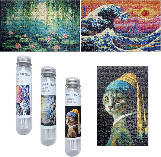 150 Pieces Mini Jigsaw Puzzles for Adults & Kids,6 x 4 Inches,Mini Puzzles,Travel Puzzle,Small Micro Puzzles,Challenging Difficult Puzzle,3 Pack Famous Paintings Series