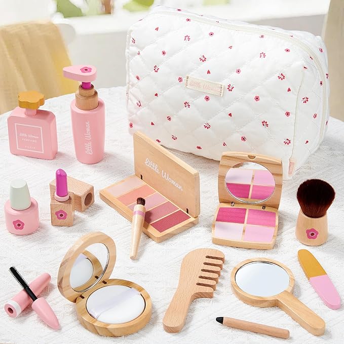 Lonico Wooden Makeup Toy Set for Girls Pretend Play Makeup Kit for Toddlers 3-5 with Eyeshadow/ Mascara/ Perfume/ Blush/ Mirror/ Bag, Birthday Gifts for Girls Toys Kids Aged 3 4 5 6 7 8