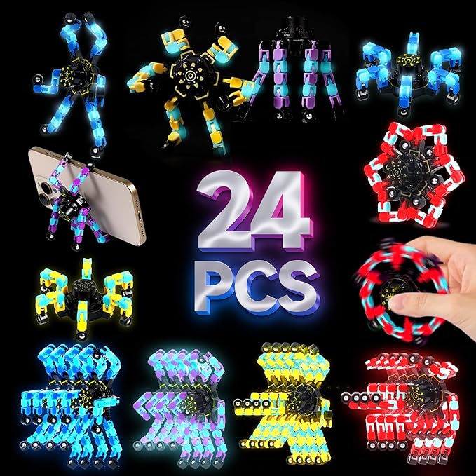 24PCS Glow Fidget Toys Bulk Transformable Fidget Spinner Party Gifts Travel Sensory Toys for Easter Basket Stuffers Birthday Party Favours School Rewards