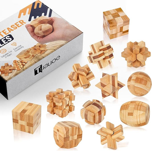 Wooden Brain Teaser Puzzles, 12pcs 3D Brain Teasers for Adults Teens Kids, Logic Mind Puzzle Box Lock Toy Removing Assembling 3D Small Puzzle Gift Set, Small 3D Unique IQ Hand Puzzles