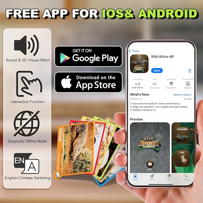 Africa Safari Animals Figures Toys, AR Realistic Jumbo Wild Zoo Animal Figurines, 3D Plastic Jungle Animals Playset with AR Card for Kids Plastic Educational Toys for Toddlers 3-7,8-12