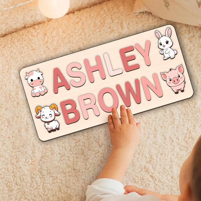 LOVELYPOD Personalized Name Puzzle for Kids, Custom Name Puzzles for Toddlers 1-3 Animal Puzzle, Customized 1st Birthday for Girls & Boys Wooden Toys for Kids, for New Baby - Style 18