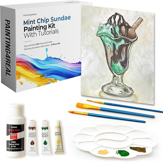 Painting4Real DIY Painting Class Kit for Adults with Video Tutorials: Learn to Paint Mint Chip Sundae – How to Paint with Acrylics – Painting & Art Supplies – 9 Piece Acrylic Paint Set