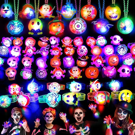 58 PCS Halloween Party Favors, Halloween Light Up Toys Kids' Party Favors, Glow in the Dark Toys - Necklaces, Rings, Bracelets, Brooches - Bulk Halloween Goodie Bag Fillers, Halloween Party Supplies