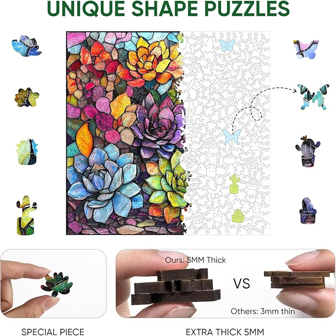 delobi Stained Glass Puzzle Succulent Wooden Puzzles for Adults 300 Pieces, Unique Liberty Challenging Jigsaw Puzzles Gift for Friends Family Game 12.4 x 12.4 Inch