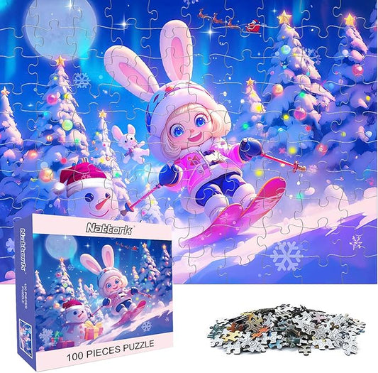 Nattork Jigsaw Puzzles 100 Pieces for Kids Youth Skiing Bunny - Pieces Fit Together Perfectly