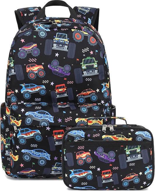 LEDAOU Kids School Backpack with Lunch Box for Boys Girls Kindergarten BookBag School Bag Preschool Toddler Backpack (Monster Truck Black)