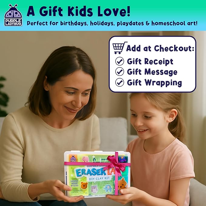 PURPLE LADYBUG DIY Clay Cute Mini Eraser Kit for Kids - Students Desk Pet Animals Make Your Own Erasers Kit, Arts and Crafts for Kids Ages 8-12 4-8, Ideal for School Supplies, Gifts & Creative Play
