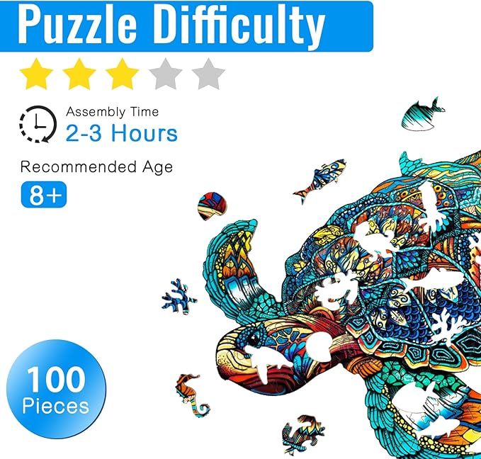 Wooden Puzzles for Adults - 100 Pieces Sea Turtle Wooden Puzzle - Unique Animal Shape Wood Cut Puzzles - Eco-Friendly Home Office Decor (S-9.4 * 8in)