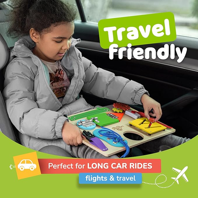 Montessori Busy Board for Toddlers, Premium Wooden Toddler Busy Board for 1 2 3 Year Old with 10 Educational Activities for Fine Motor Skills, Sensory Activity Toy for Travel, Gift for Boys & Girls