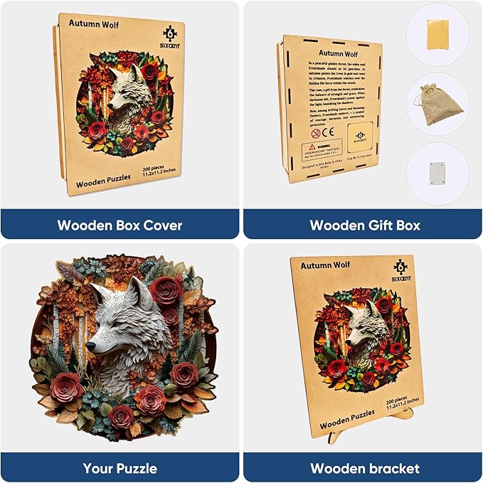Wooden Jigsaw Puzzle, 200-500 Pieces Unique Shape Animal Puzzle, for Adults & Kids, Birthday Gift Family Game, Decorative Puzzle, Unique Gift (Autumn Wolf, 200 PCS)