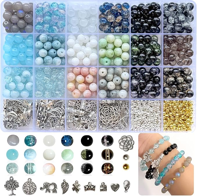Glass Beads for Bracelets, 8mm Crackle Beads in 18 Colors, 414PCS DIY Jewelry Kit, Glass Beads for Jewelry Making