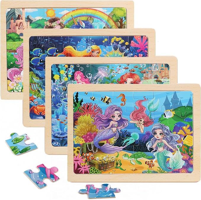 Wooden Puzzles for Kids Ages 4-6, 4 Packs 24 PCs Unicorn Mermaid Princess Fairy Jigsaw Puzzles, Preschool Educational Brain Teaser Toys for Girls 3 4 5 6 Years Old