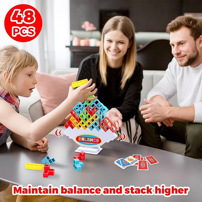 FAVANTIME 48pcs Stacking Game Tetra Balance Tower Stacking Blocks Board Games for 1-4 Players Family Games for Kids, Adults, Party, Travel Team Building Blocks Toy