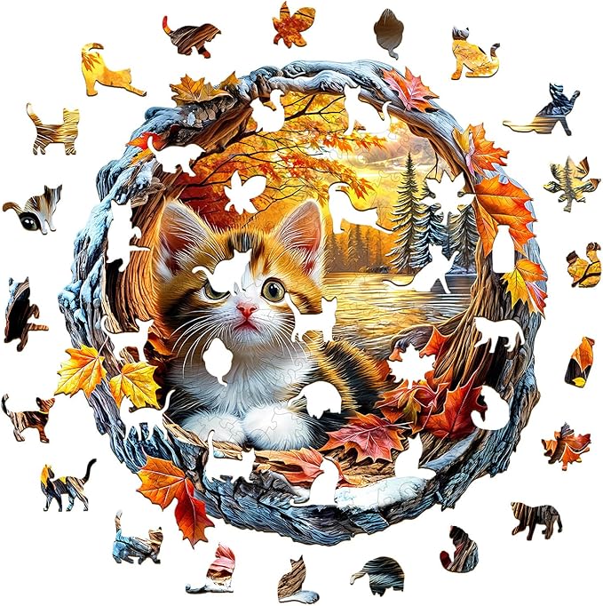 Wooden Puzzles for Adults, Wooden Jigsaw Puzzles for Adults Kids, Kitten in Autumn Unique Shaped Wood Puzzles Adult, Creative Gifts for Friends Family Game, Home Decor(11.4 * 11.3in 190pcs)