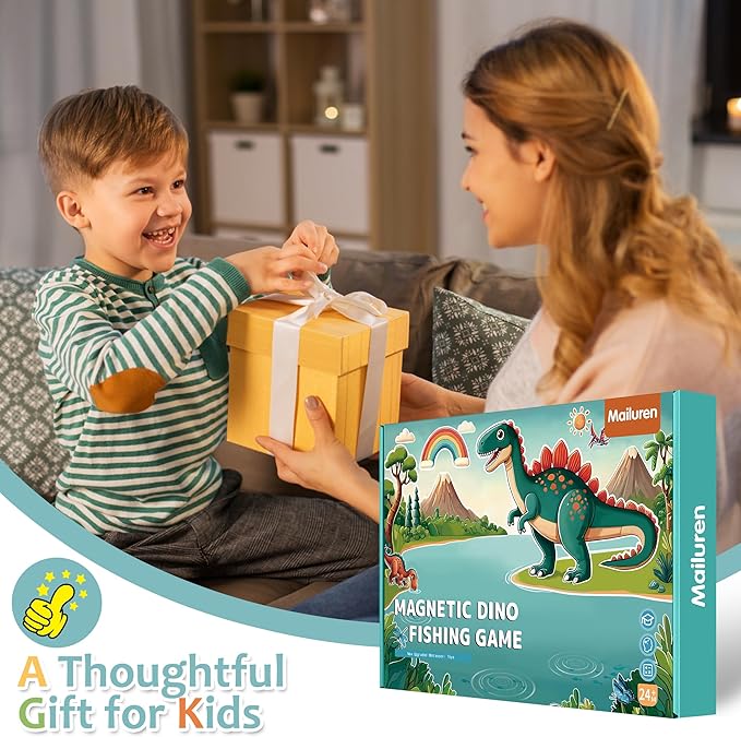 Wooden Dinosaur Magnetic Fishing Game for Toddlers Ages 3-5 with 2 Pods, ABC Alphabet Learning Toy with Spelling Cards, Preschool Educational Montessori Toys, Gift for Boy Girl