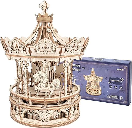 ROKR 3D Wooden Puzzle Carousel Model Building Kits Rotating 5-Horses Music Box Christmas Birthday Gift for Adults&Teens